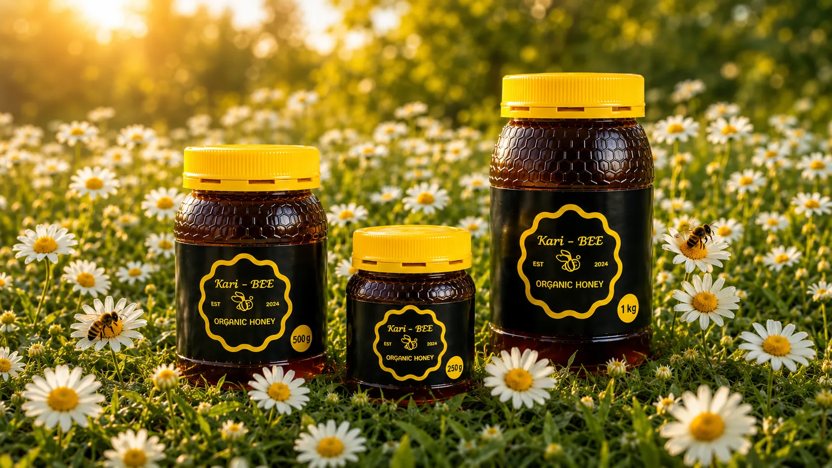 Three sizes of Kari-BEE raw honey jars sitting in a sunlit daisy field